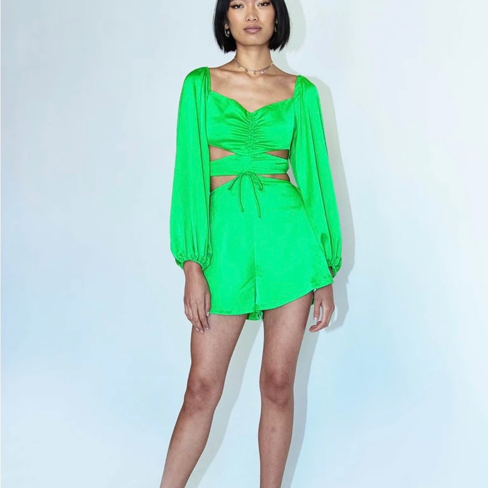 Princess Polly Paxton neon lime green silk long-sleeved cutout fashion romper